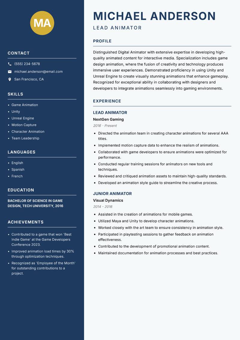 Digital Animator resume sample — Lead Animator focus