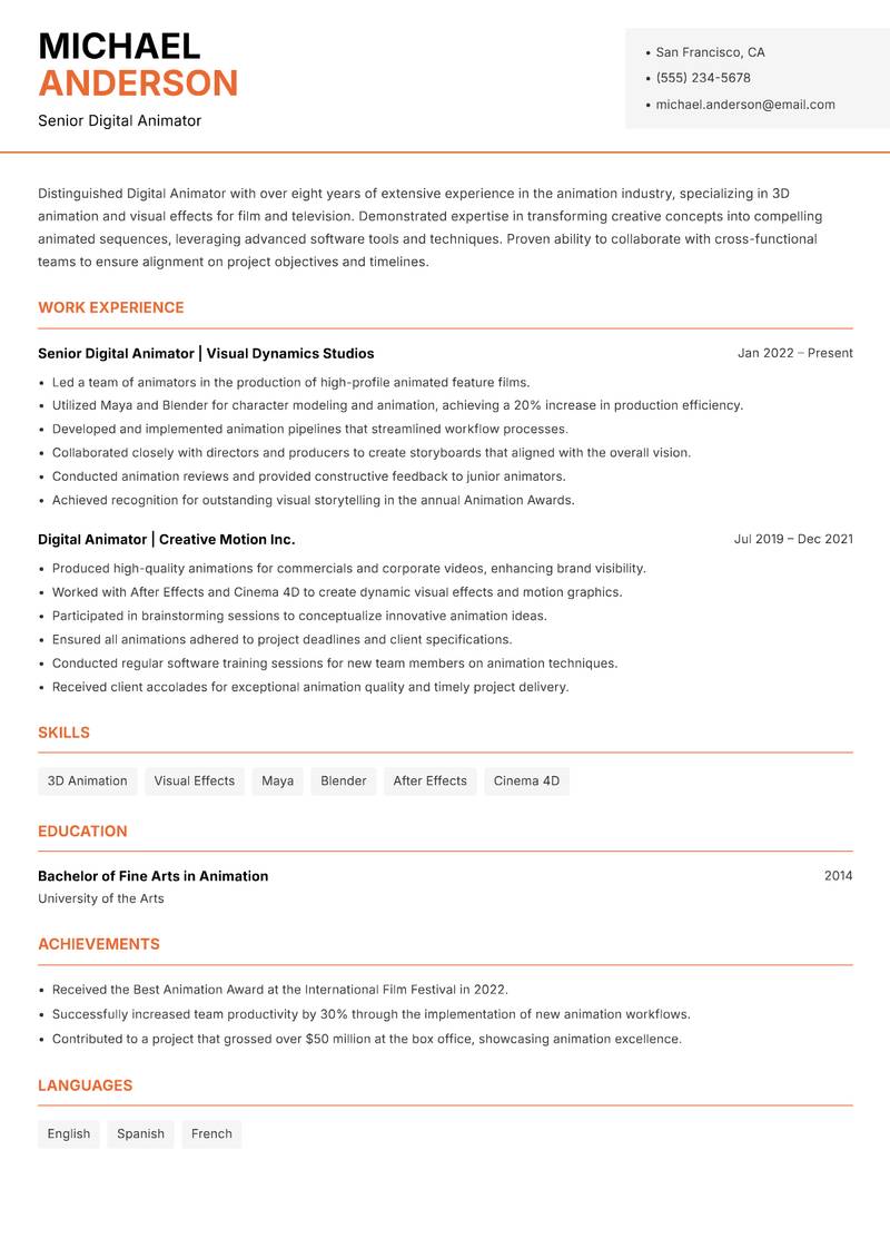 Digital Animator resume sample — Senior Digital Animator focus