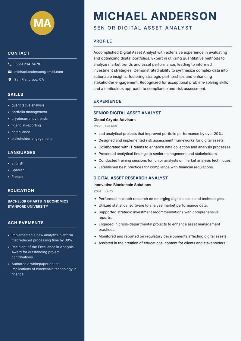 Digital Asset Analyst resume sample — Senior Digital Asset Analyst focus