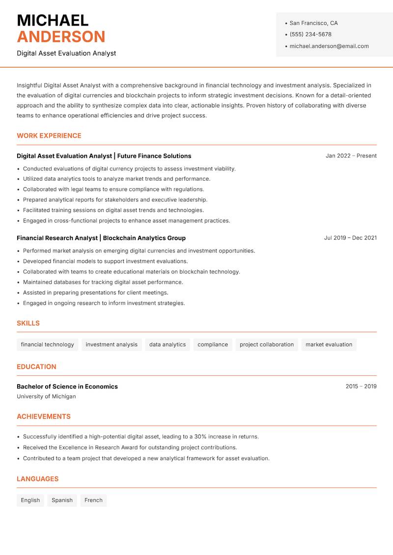 Digital Asset Analyst resume sample — Digital Asset Evaluation Analyst focus