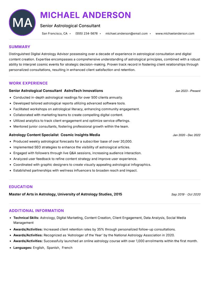 Digital Astrology Advisor resume example