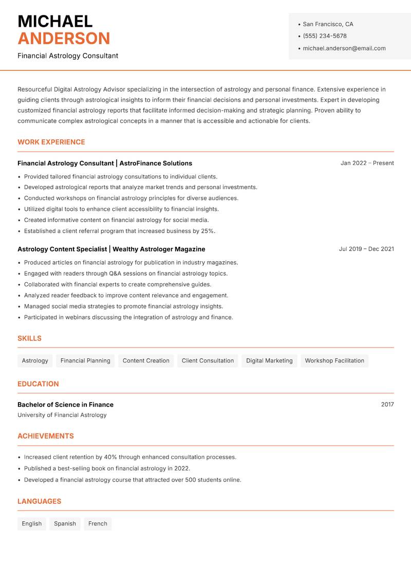 Digital Astrology Advisor resume sample — Financial Astrology Consultant focus