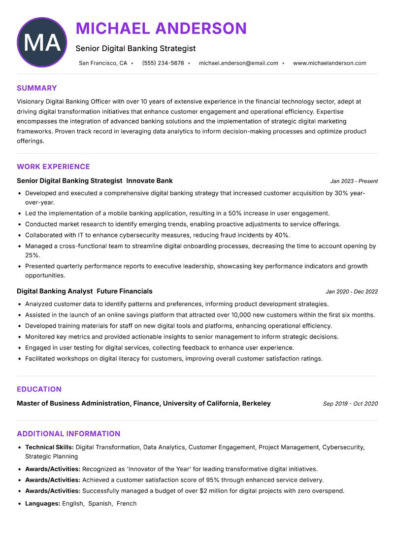 Digital Banking Officer resume example