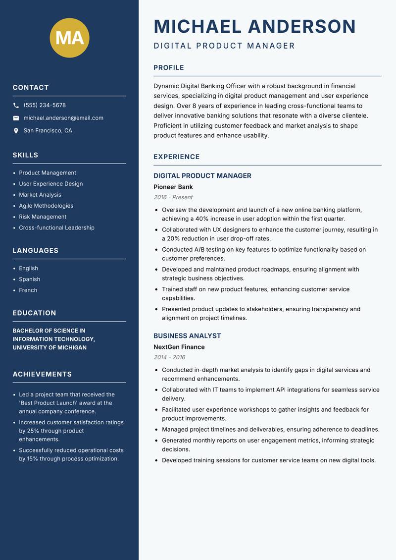 Digital Banking Officer resume sample — Digital Product Manager focus