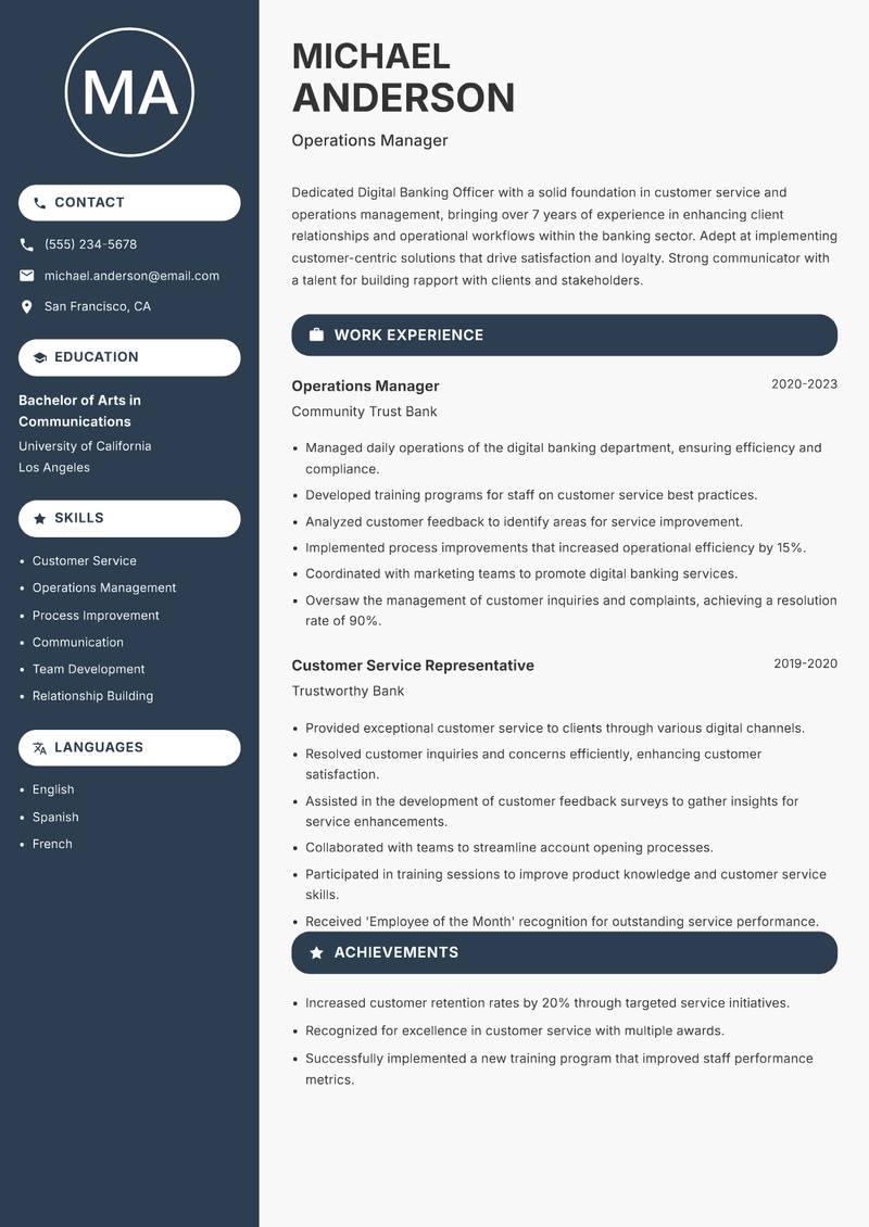 Digital Banking Officer resume sample — Operations Manager focus