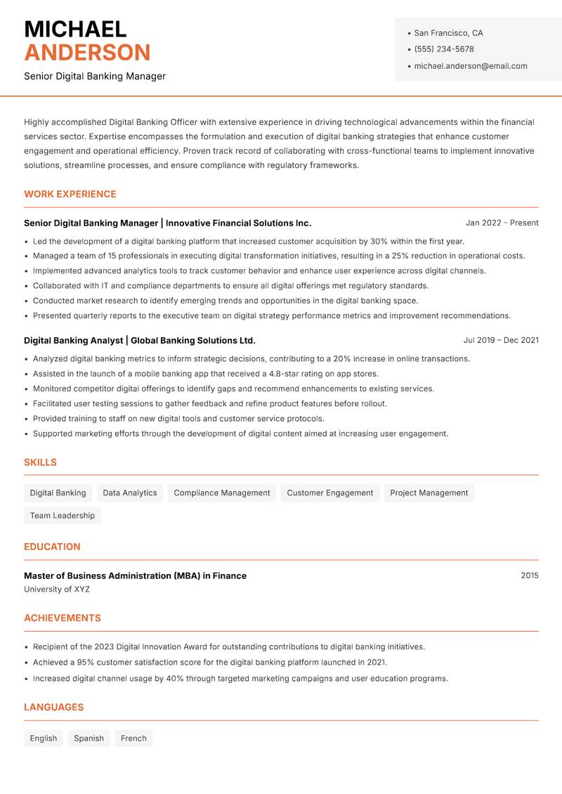 Digital Banking Officer resume sample — Senior Digital Banking Manager focus