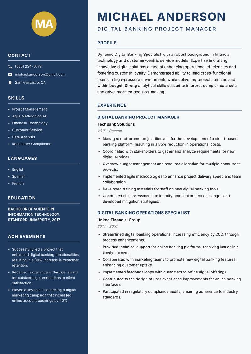 Digital Banking Specialist resume sample — Digital Banking Project Manager focus
