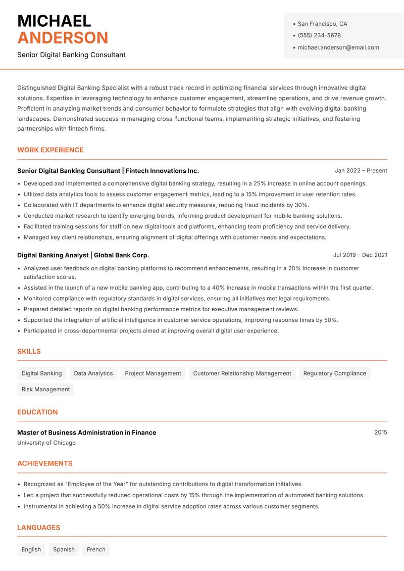 Digital Banking Specialist resume sample — Senior Digital Banking Consultant focus