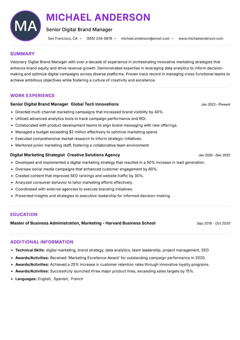 Digital Brand Manager resume example