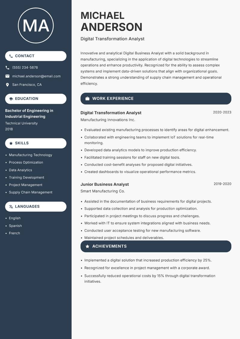 Digital Business Analyst resume sample — Digital Transformation Analyst focus