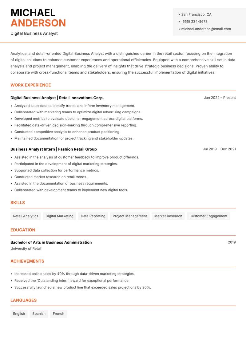 Digital Business Analyst resume sample — Digital Business Analyst focus
