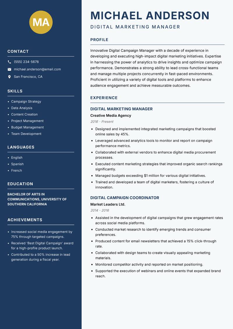 Digital Campaign Manager resume sample — Digital Marketing Manager focus