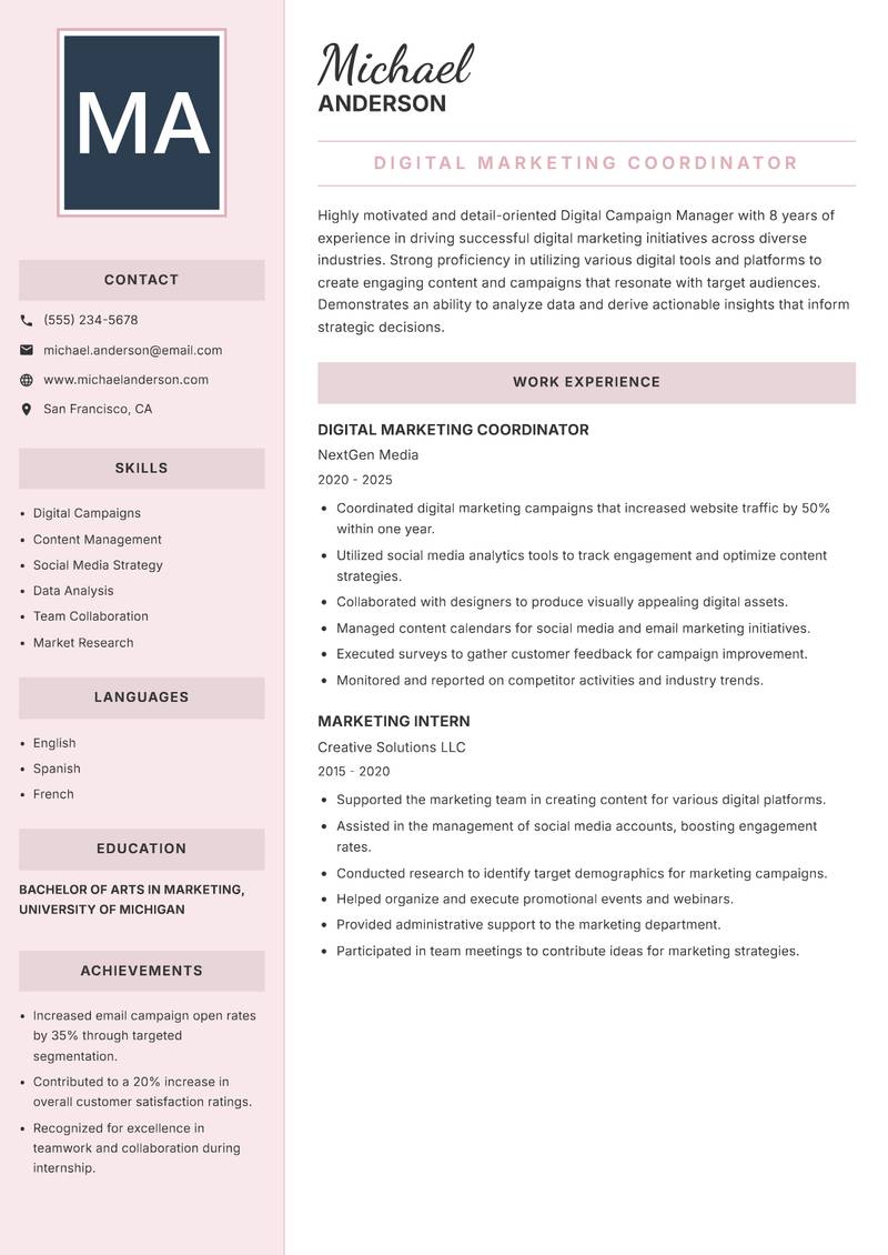 Digital Campaign Manager resume sample — Digital Marketing Coordinator focus