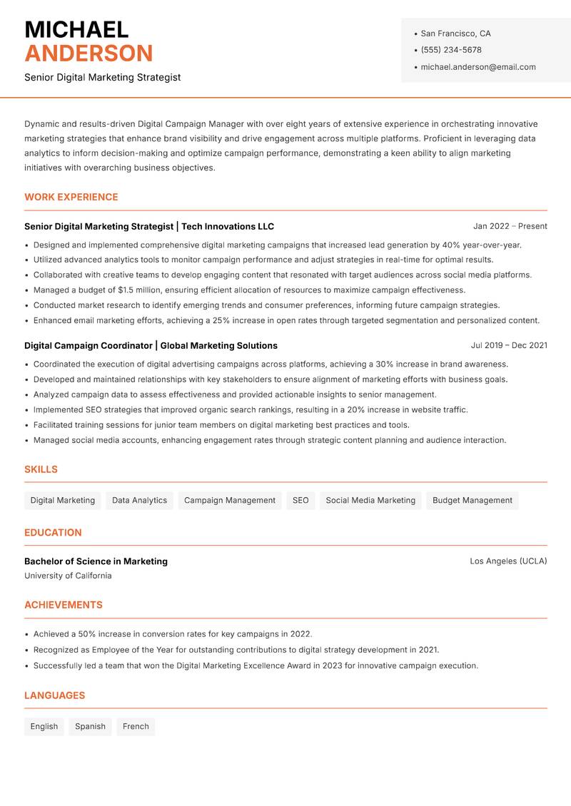Digital Campaign Manager resume sample — Senior Digital Marketing Strategist focus