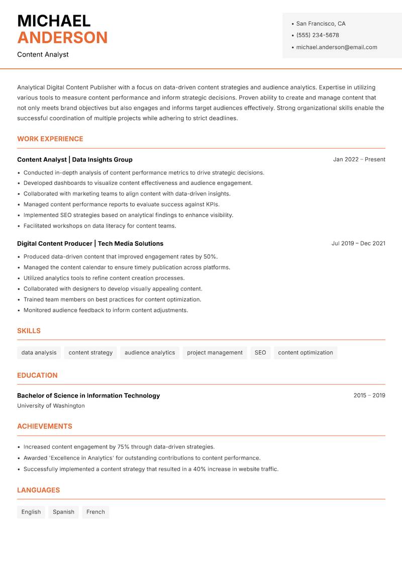 Digital Content Publisher resume sample — Content Analyst focus