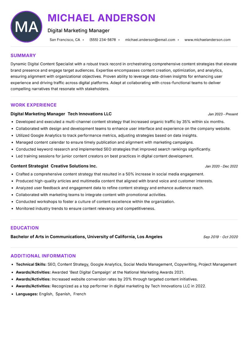 Digital Content Specialist resume example
