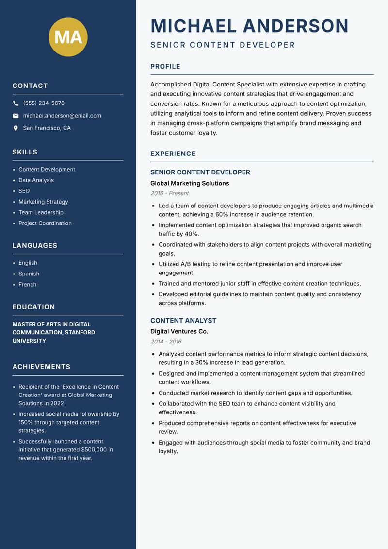 Digital Content Specialist resume sample — Senior Content Developer focus