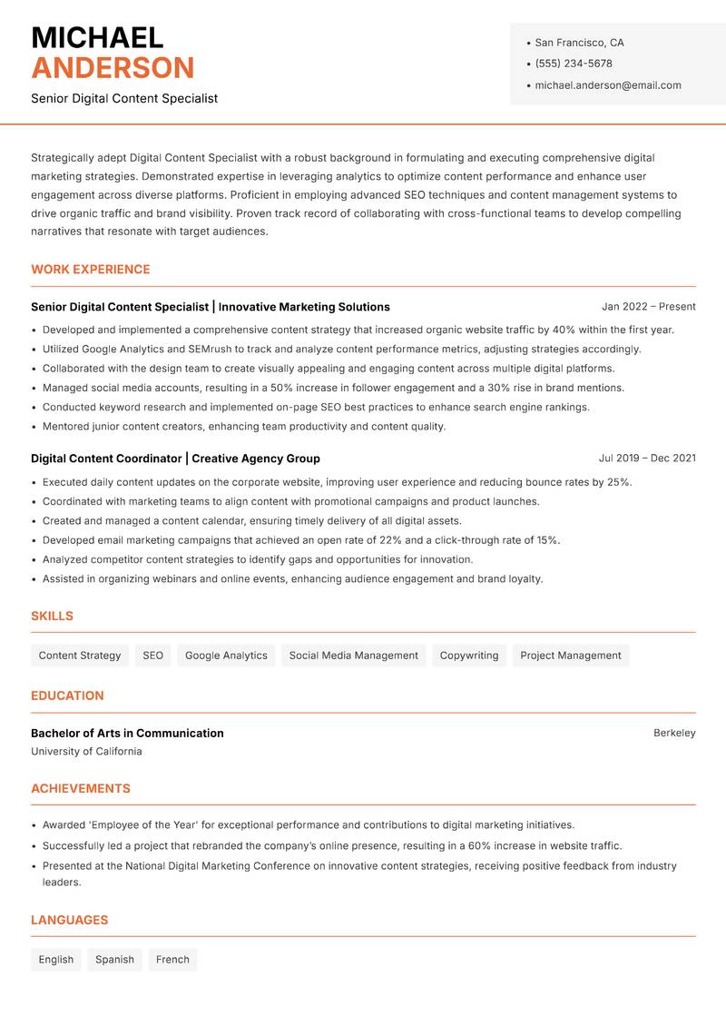 Digital Content Specialist resume sample — Senior Digital Content Specialist focus