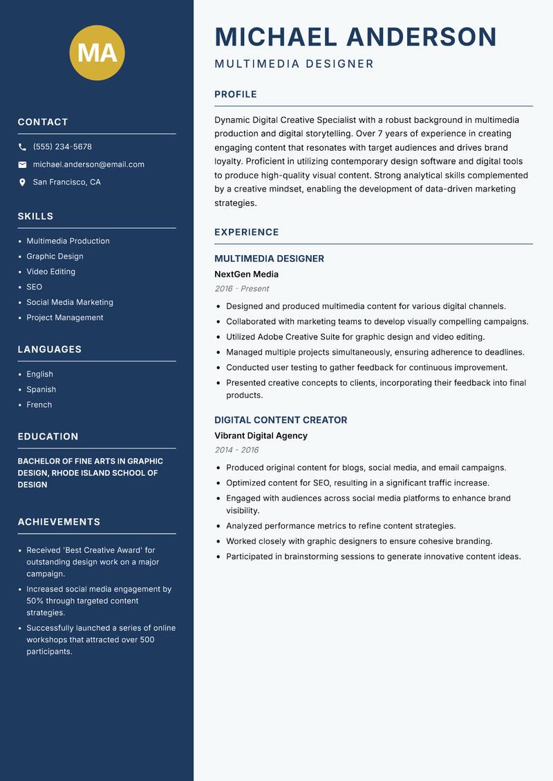 Digital Creative Specialist resume sample — Multimedia Designer focus