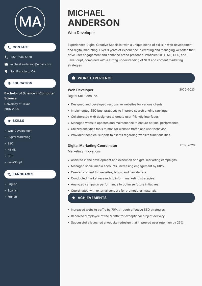 Digital Creative Specialist resume sample — Web Developer focus