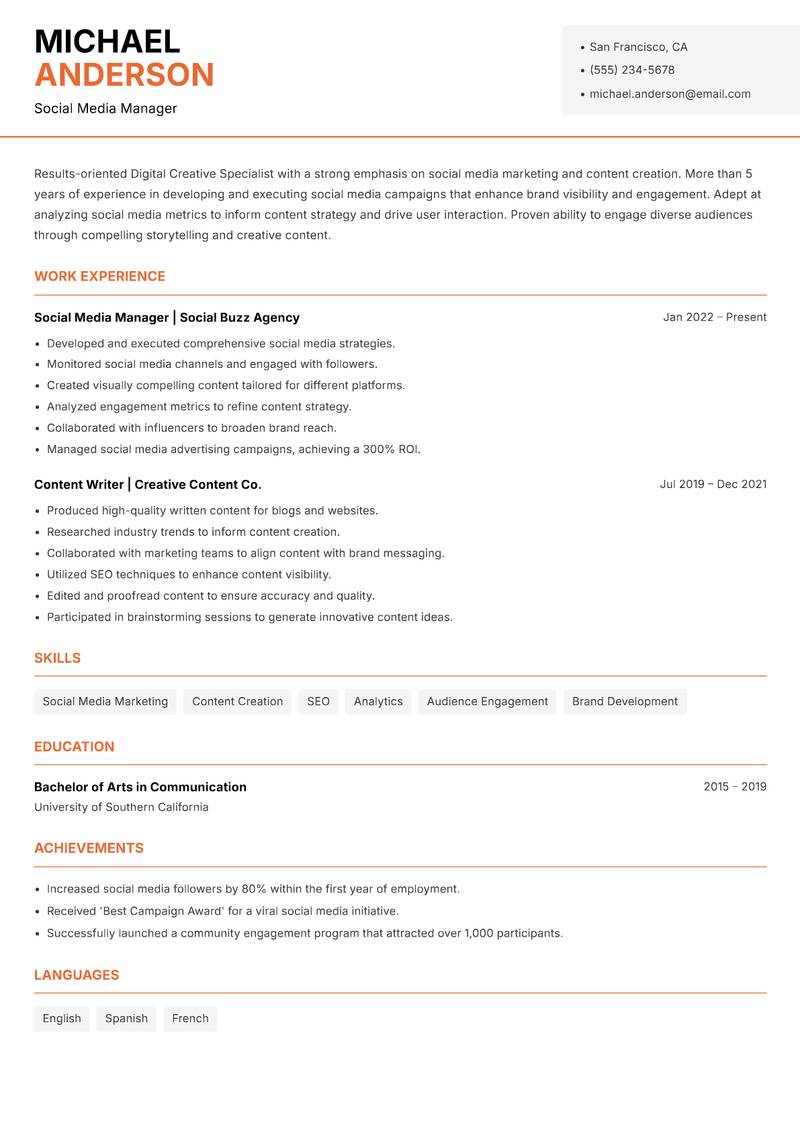 Digital Creative Specialist resume sample — Social Media Manager focus