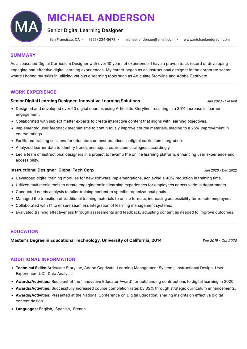 Digital Curriculum Designer resume example — Online Education