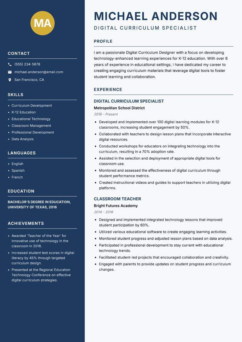 Digital Curriculum Designer resume sample — Digital Curriculum Specialist focus