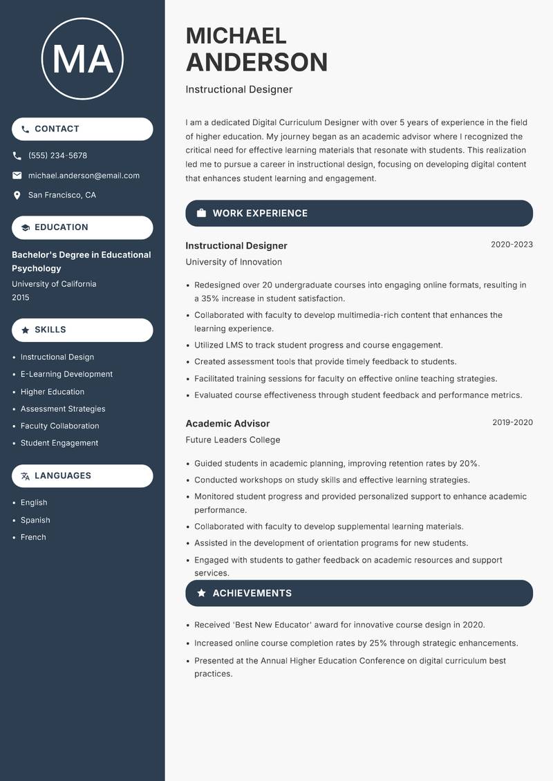 Digital Curriculum Designer resume sample — Instructional Designer focus