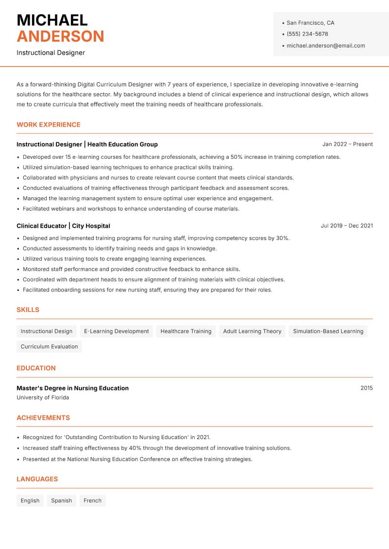 Digital Curriculum Designer resume sample — Instructional Designer focus
