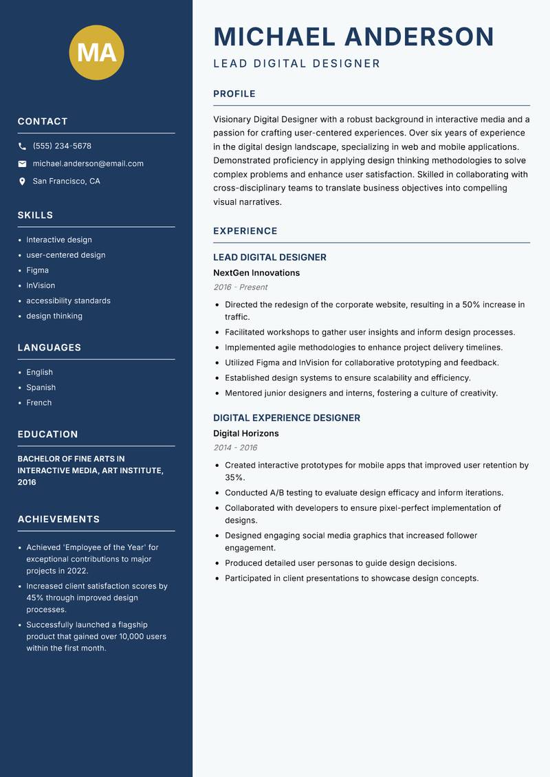 Digital Designer resume sample — Lead Digital Designer focus