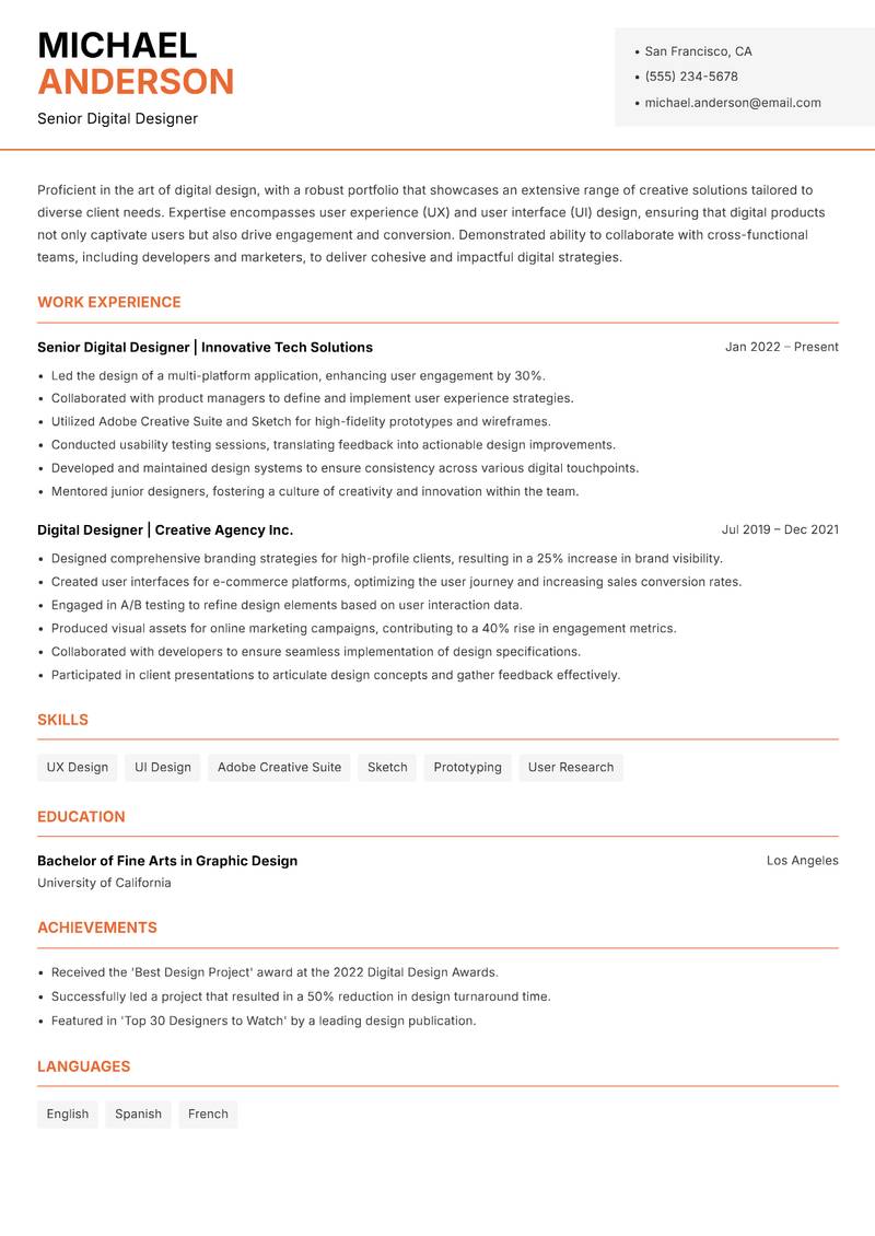Digital Designer resume sample — Senior Digital Designer focus
