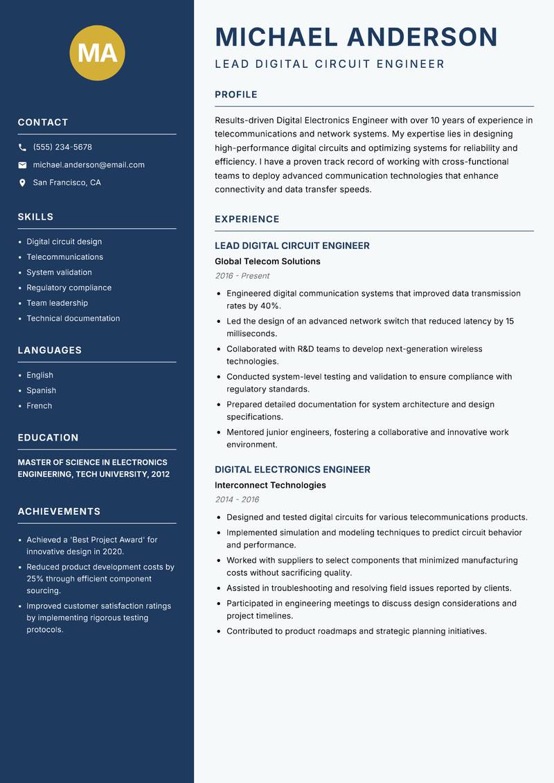 Digital Electronics Engineer resume sample — Lead Digital Circuit Engineer focus
