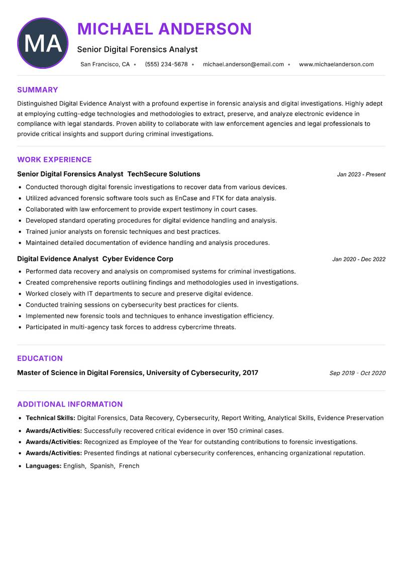 Digital Evidence Analyst resume example