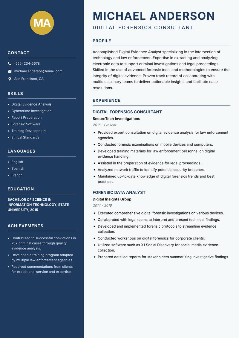Digital Evidence Analyst resume sample — Digital Forensics Consultant focus