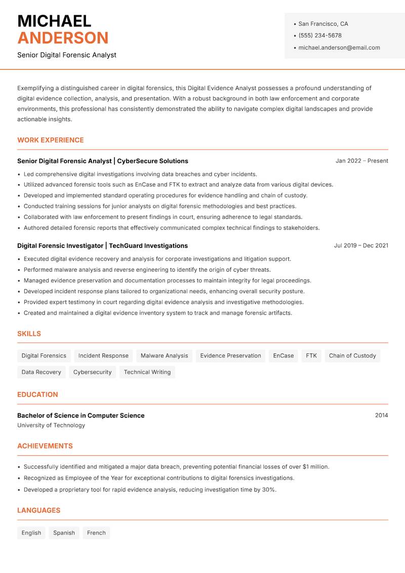 Digital Evidence Analyst resume sample — Senior Digital Forensic Analyst focus