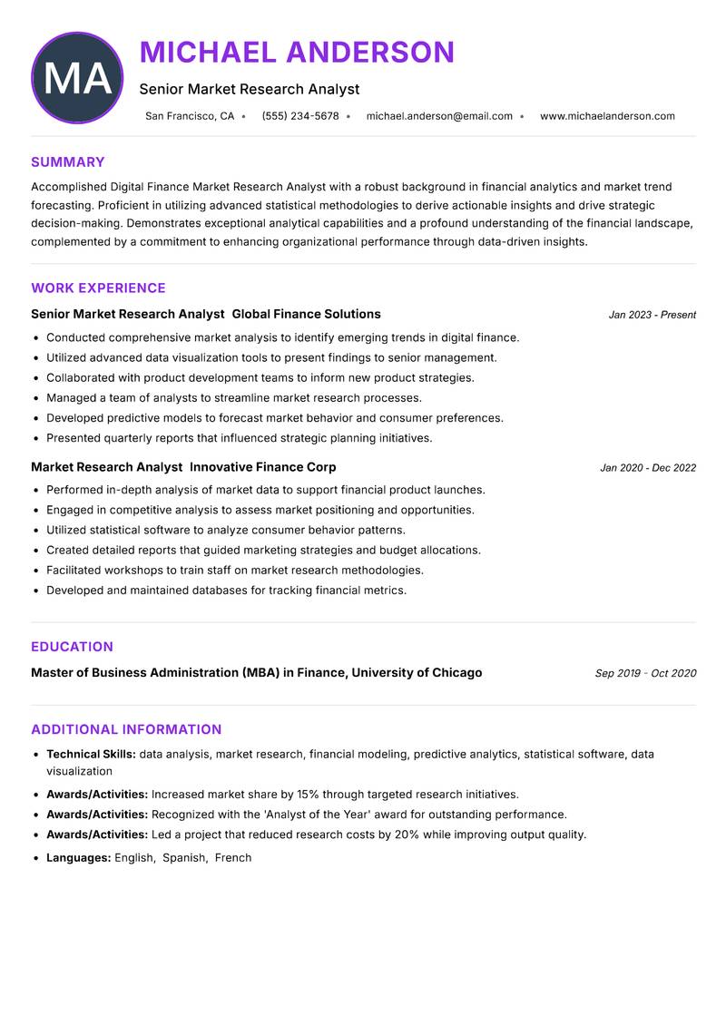 Digital Finance Market Research Analyst resume example