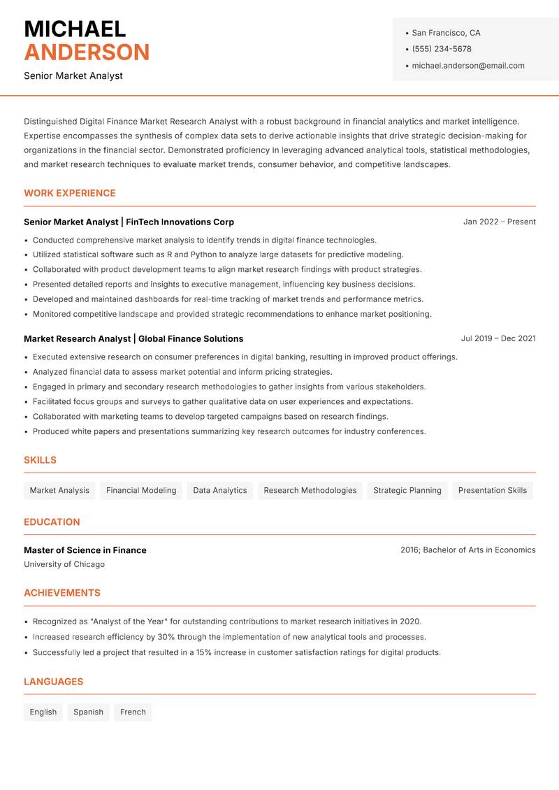 Digital Finance Market Research Analyst resume sample — Senior Market Analyst focus