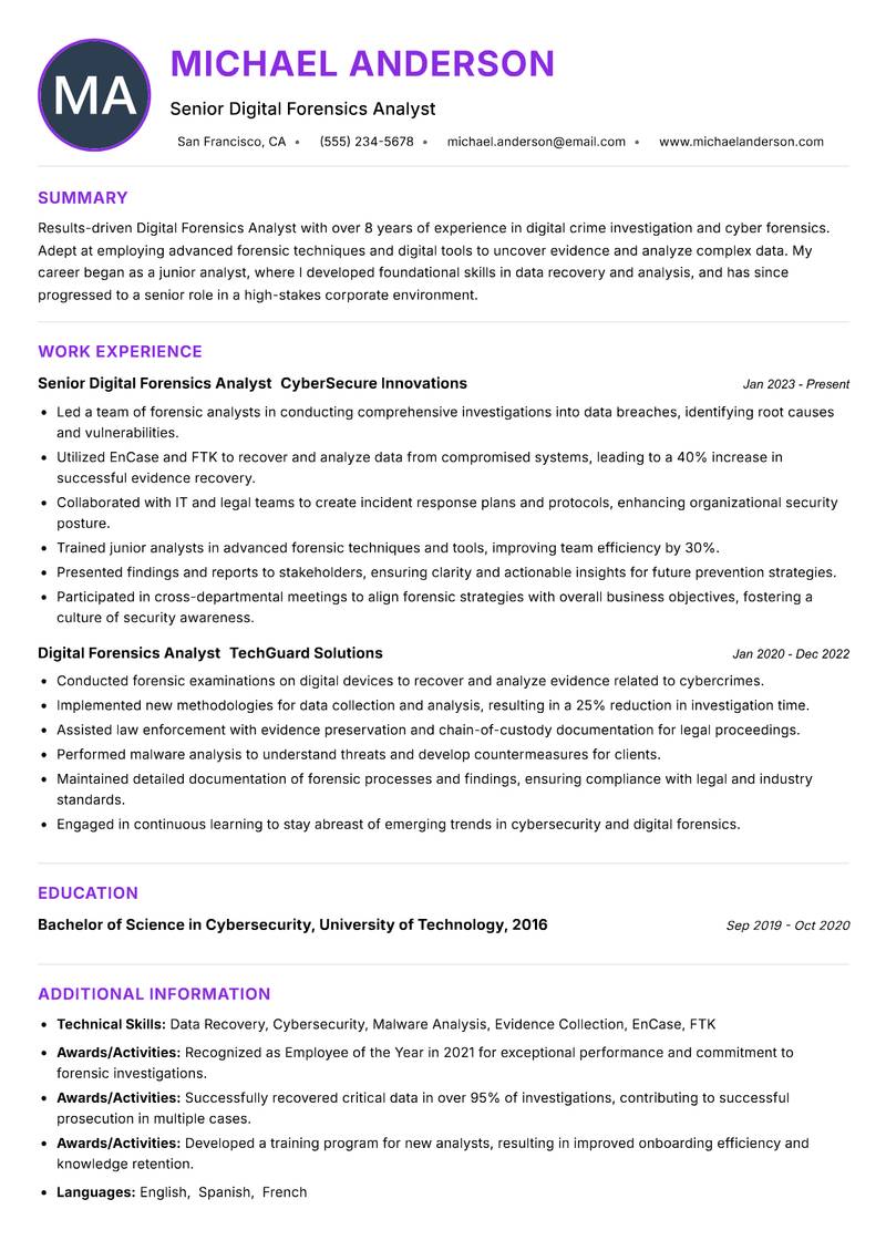 Digital Forensics Analyst resume example