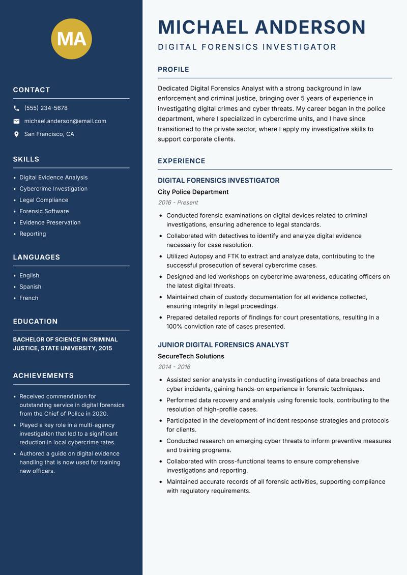 Digital Forensics Analyst resume sample — Digital Forensics Investigator focus