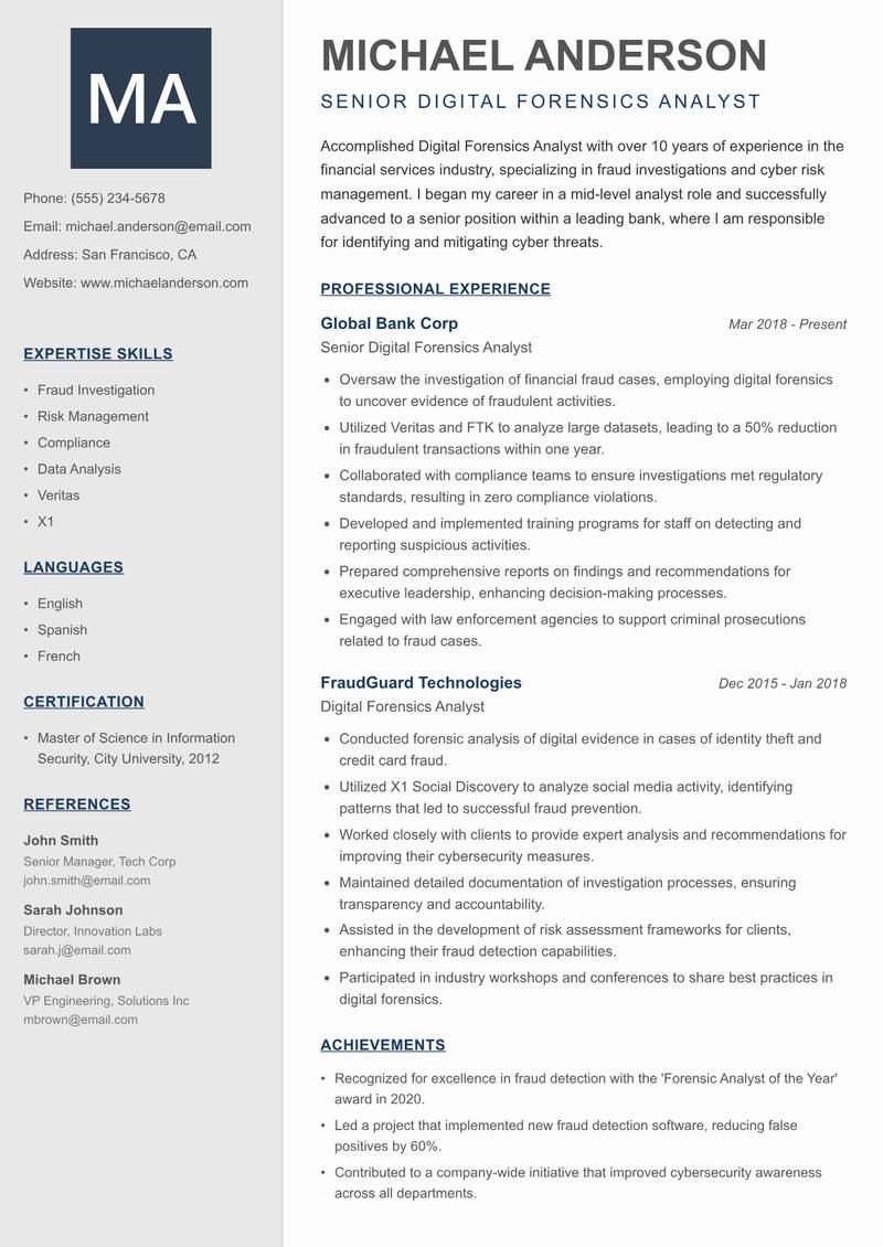 Digital Forensics Analyst resume sample — Senior Digital Forensics Analyst focus