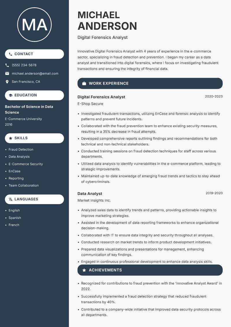 Digital Forensics Analyst resume sample — Digital Forensics Analyst focus