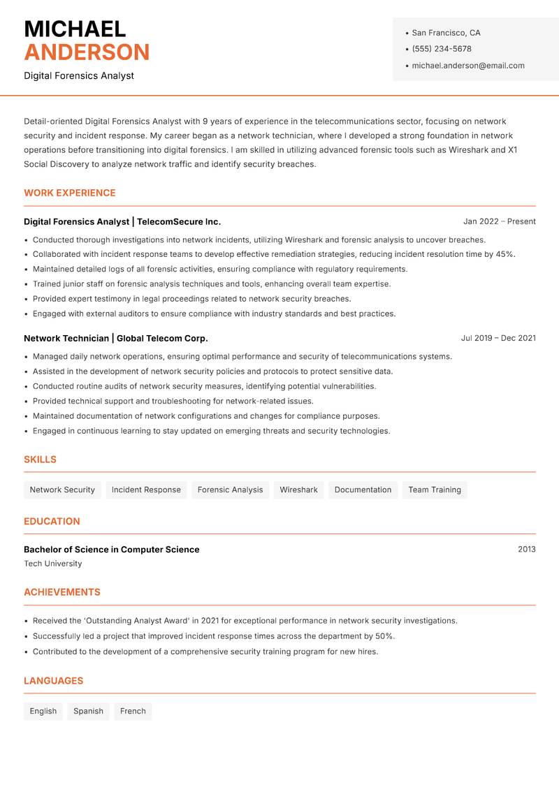 Digital Forensics Analyst resume sample — Digital Forensics Analyst focus