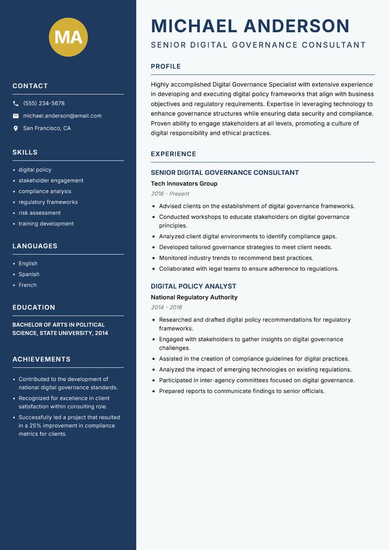 Digital Governance Specialist resume sample — Senior Digital Governance Consultant focus