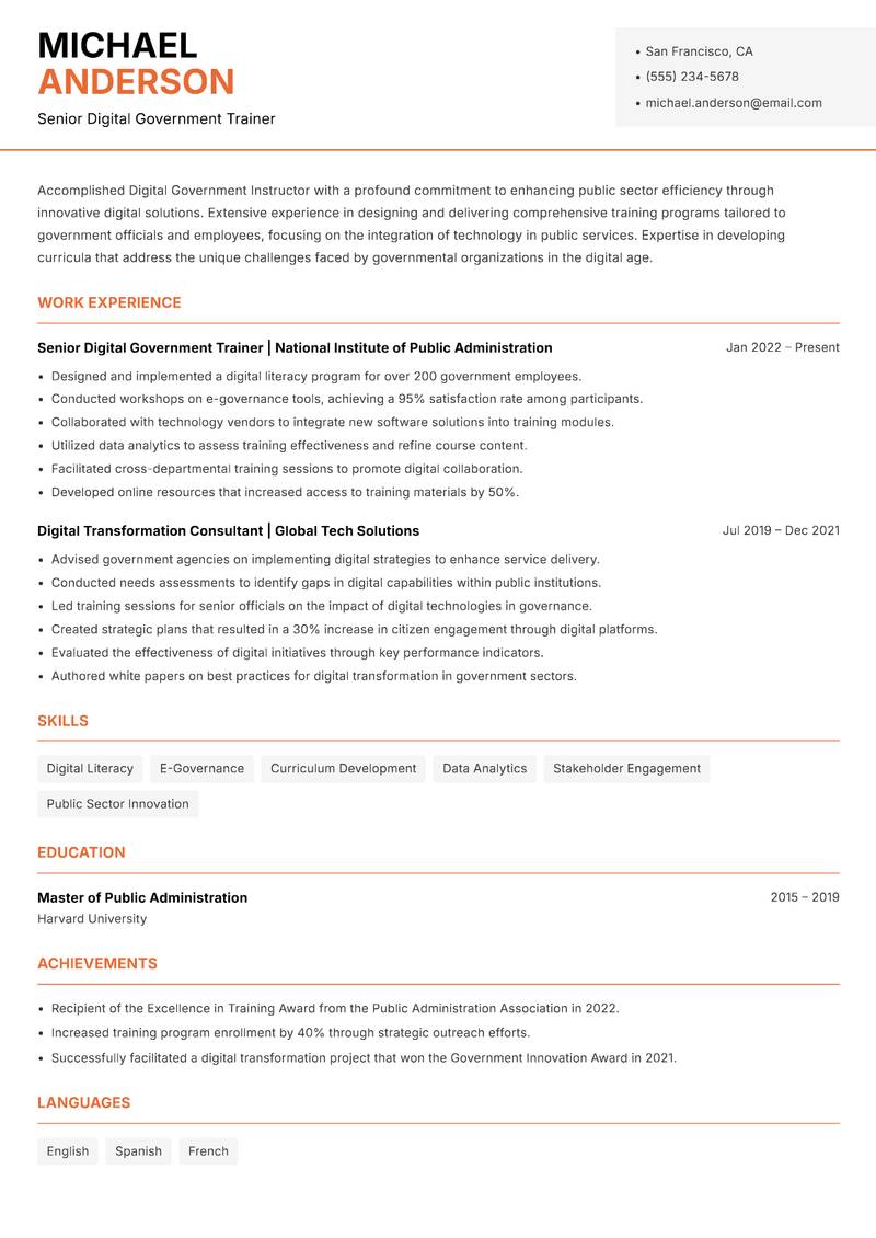 Digital Government Instructor resume sample — Senior Digital Government Trainer focus