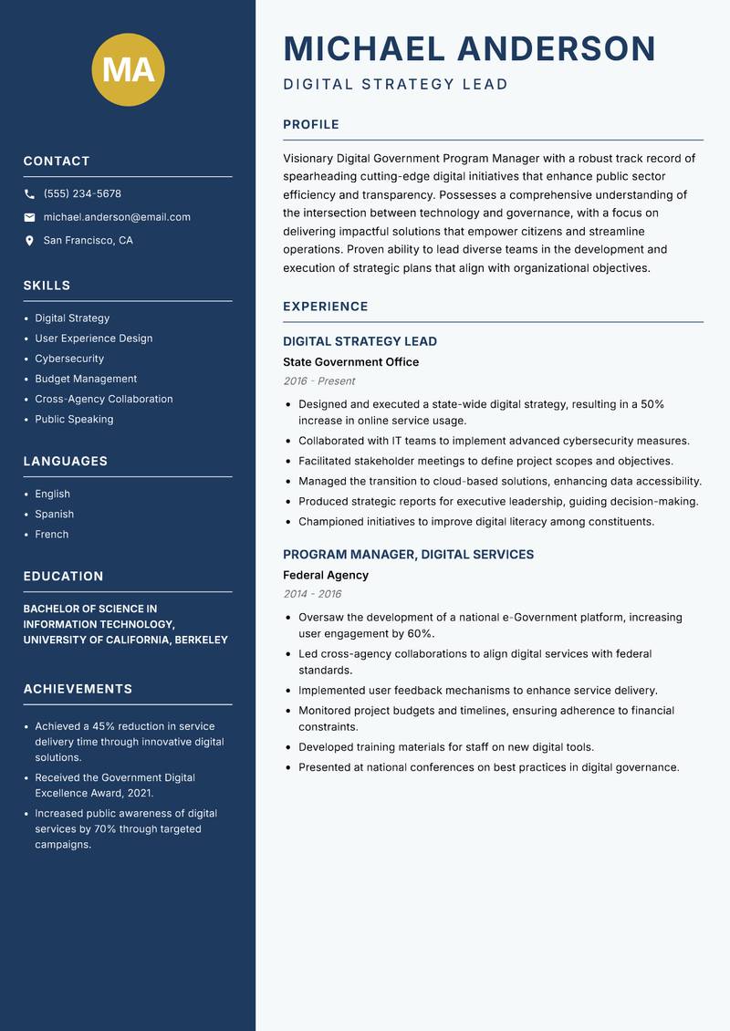 Digital Government Program Manager resume sample — Digital Strategy Lead focus