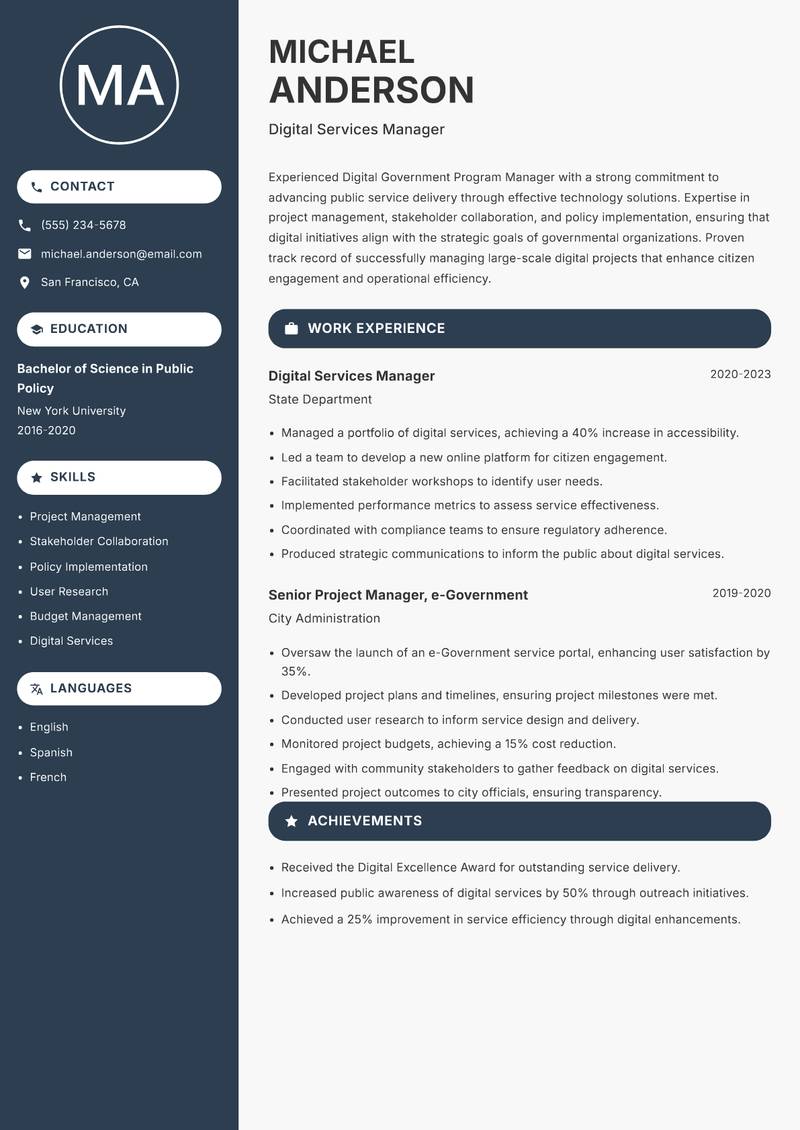 Digital Government Program Manager resume sample — Digital Services Manager focus