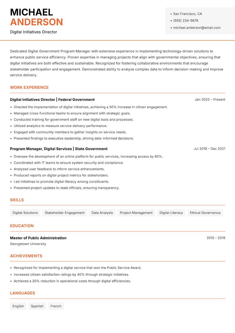 Digital Government Program Manager resume sample — Digital Initiatives Director focus