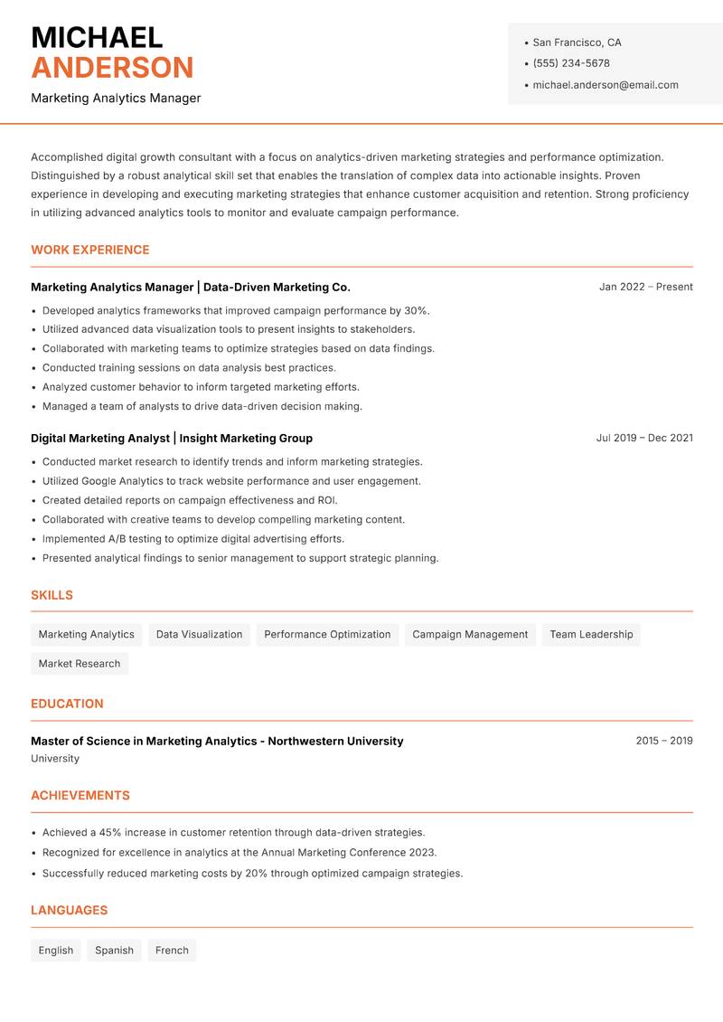 Digital Growth Consultant resume sample — Marketing Analytics Manager focus