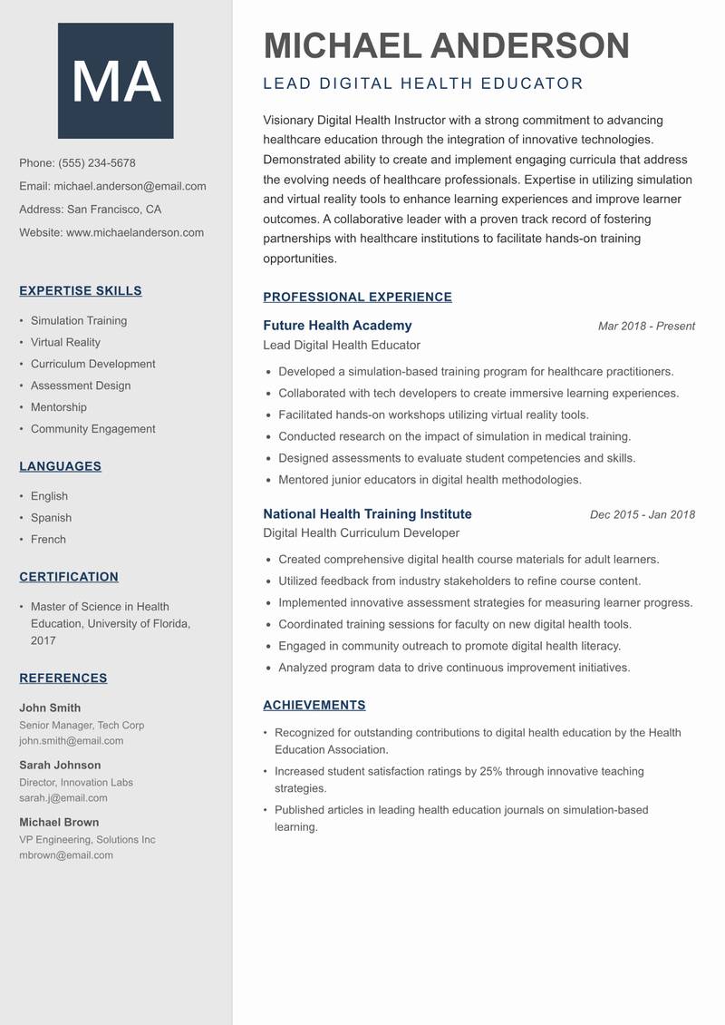 Digital Health Instructor resume sample — Lead Digital Health Educator focus