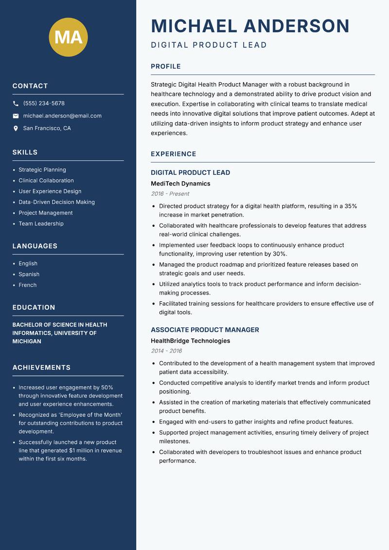 Digital Health Product Manager resume sample — Digital Product Lead focus